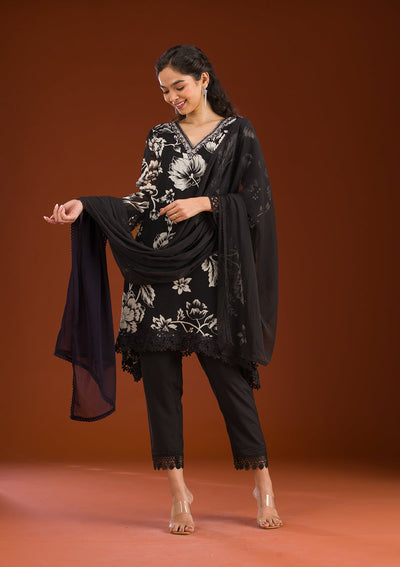 Black Cutdana Semi Crepe Readymade Salwar Suit-Koskii