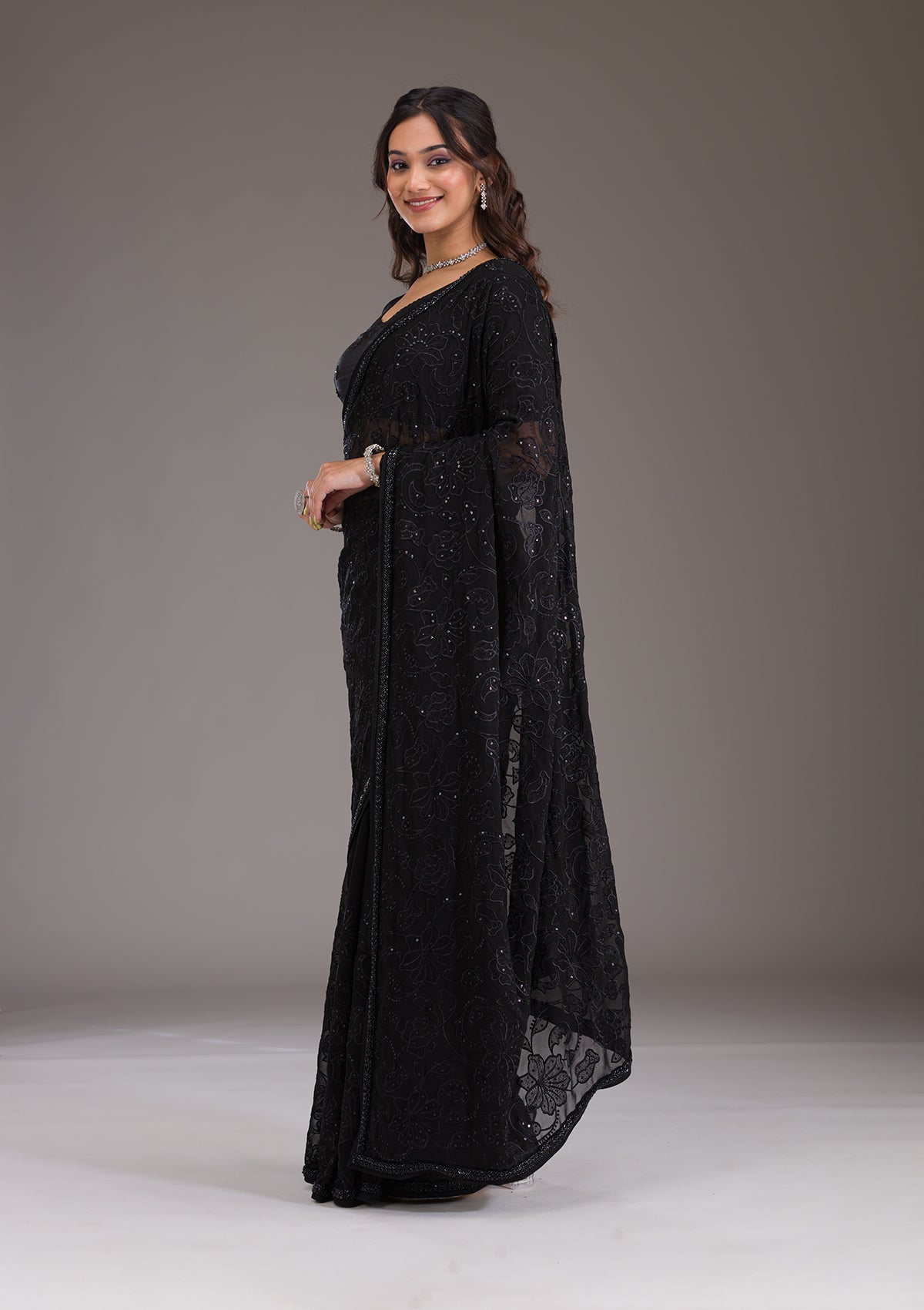 Black Cutdana Tissue Saree-Koskii