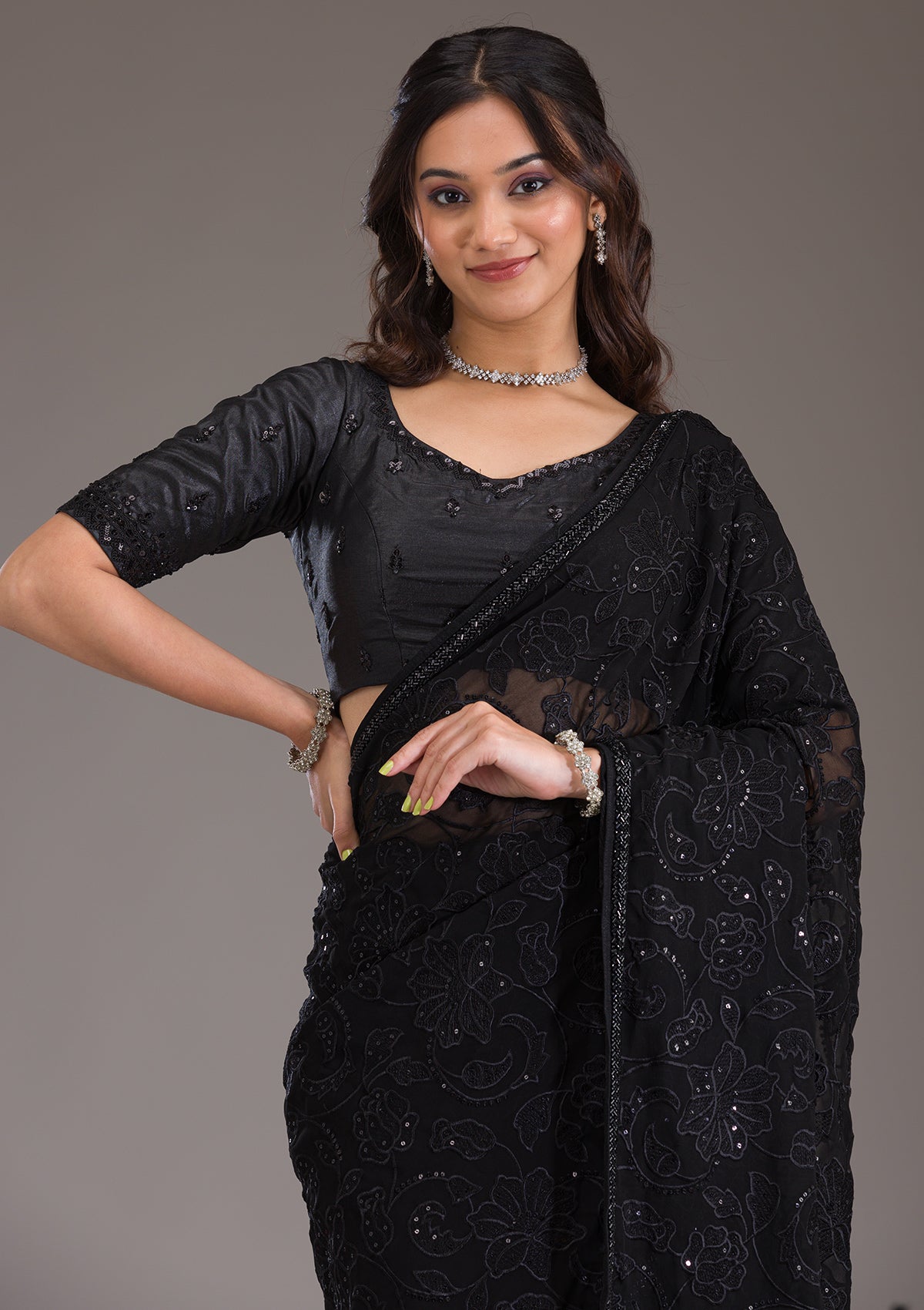 Black Cutdana Tissue Saree-Koskii