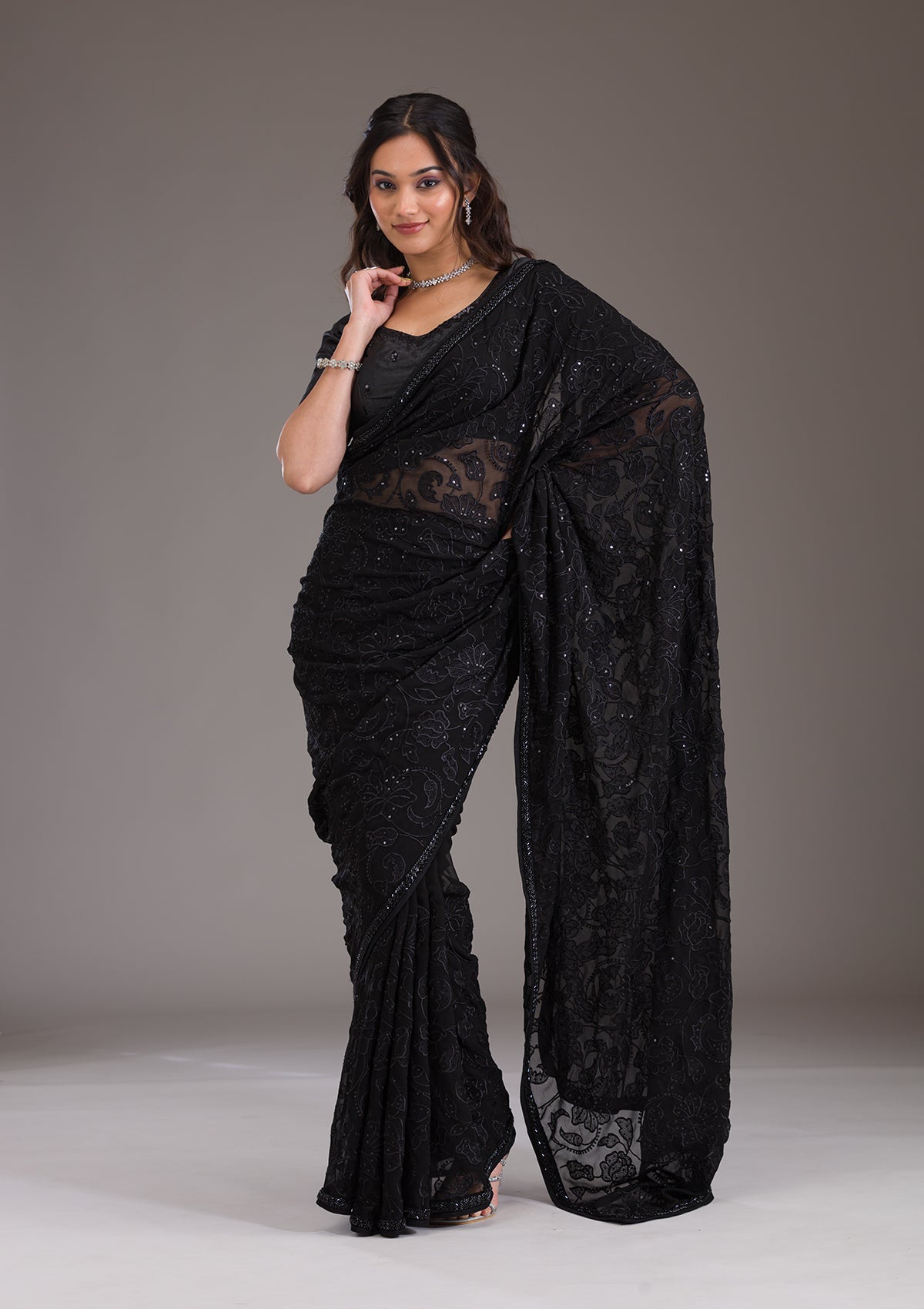 Black Cutdana Tissue Saree-Koskii