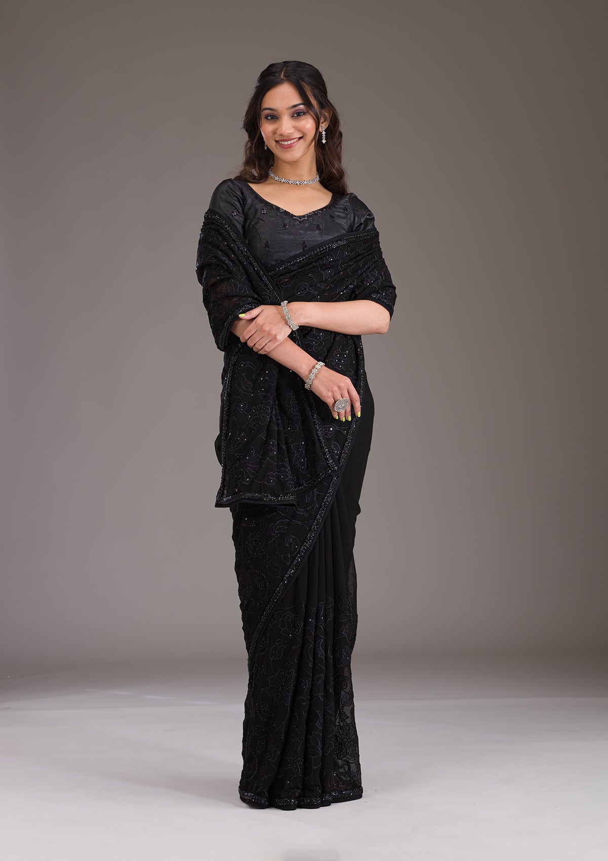 Black Cutdana Tissue Saree-Koskii