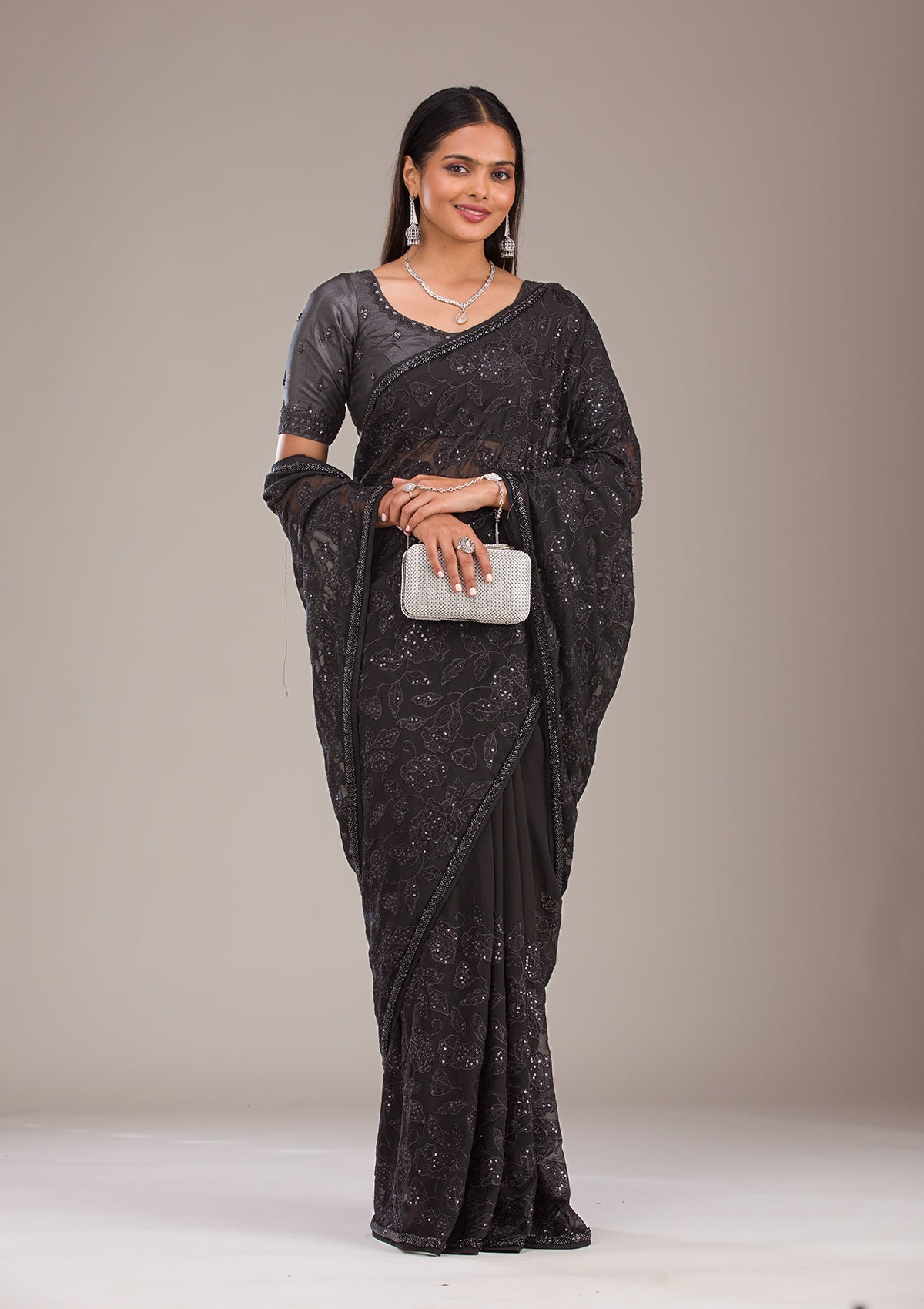 Black Cutdana Tissue Saree-Koskii