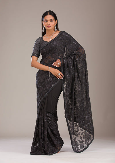 Black Cutdana Tissue Saree-Koskii