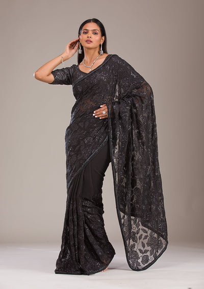 Black Cutdana Tissue Saree-Koskii