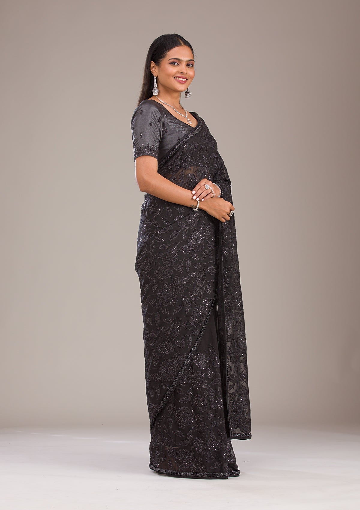 Black Cutdana Tissue Saree-Koskii