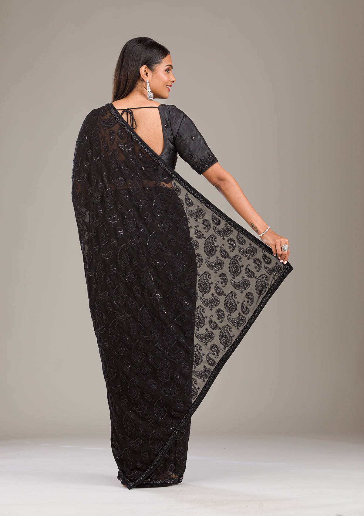 Black Cutdana Tissue Saree-Koskii