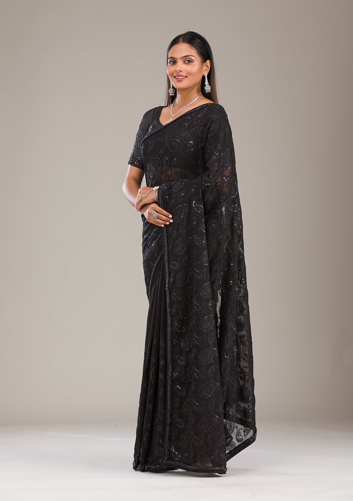 Black Cutdana Tissue Saree-Koskii