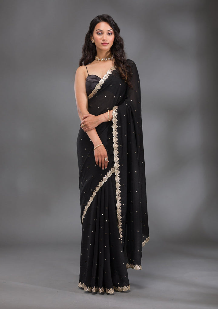 Black Gotapatti Raw Silk Saree-Koskii