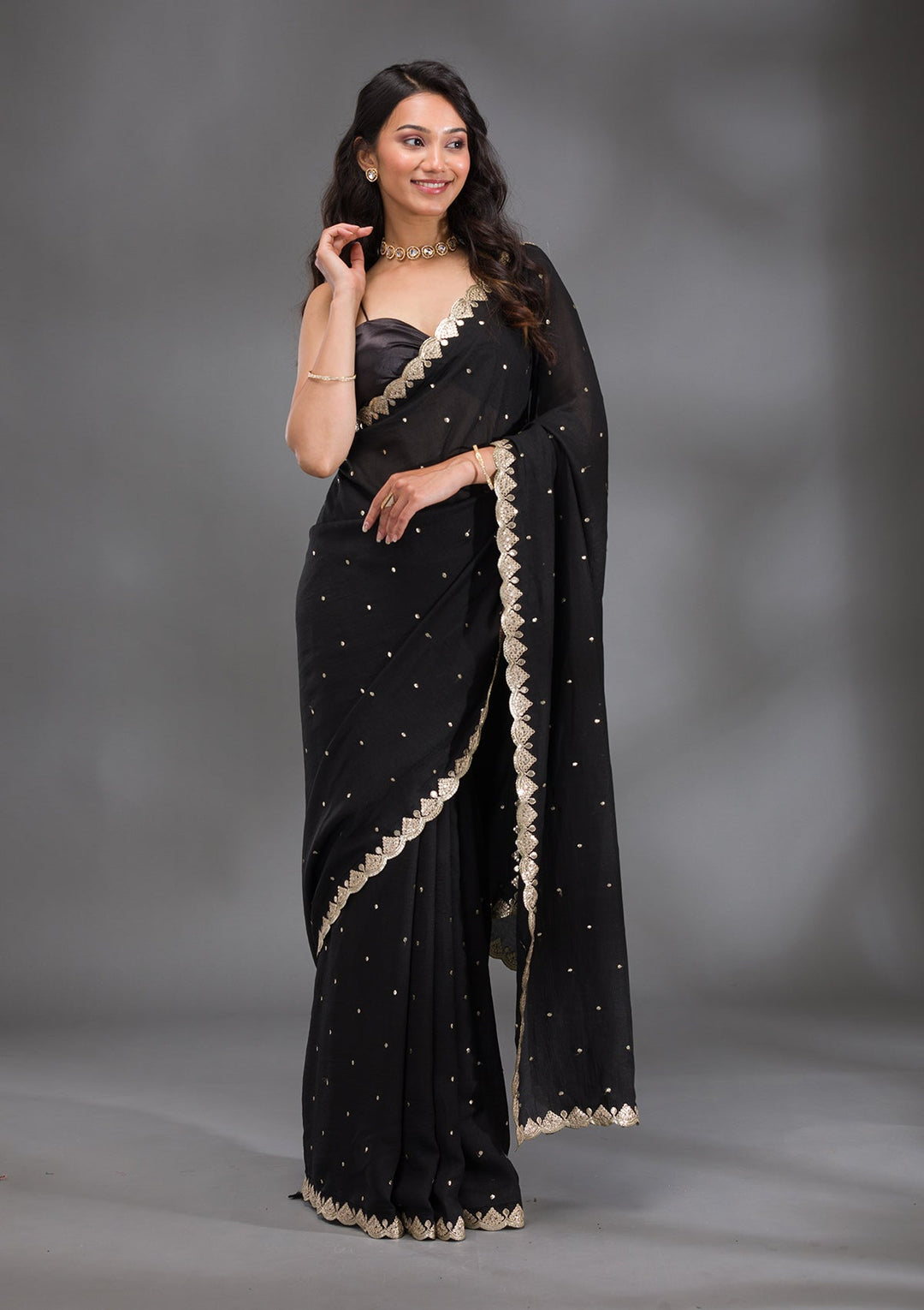 Black Gotapatti Raw Silk Saree-Koskii