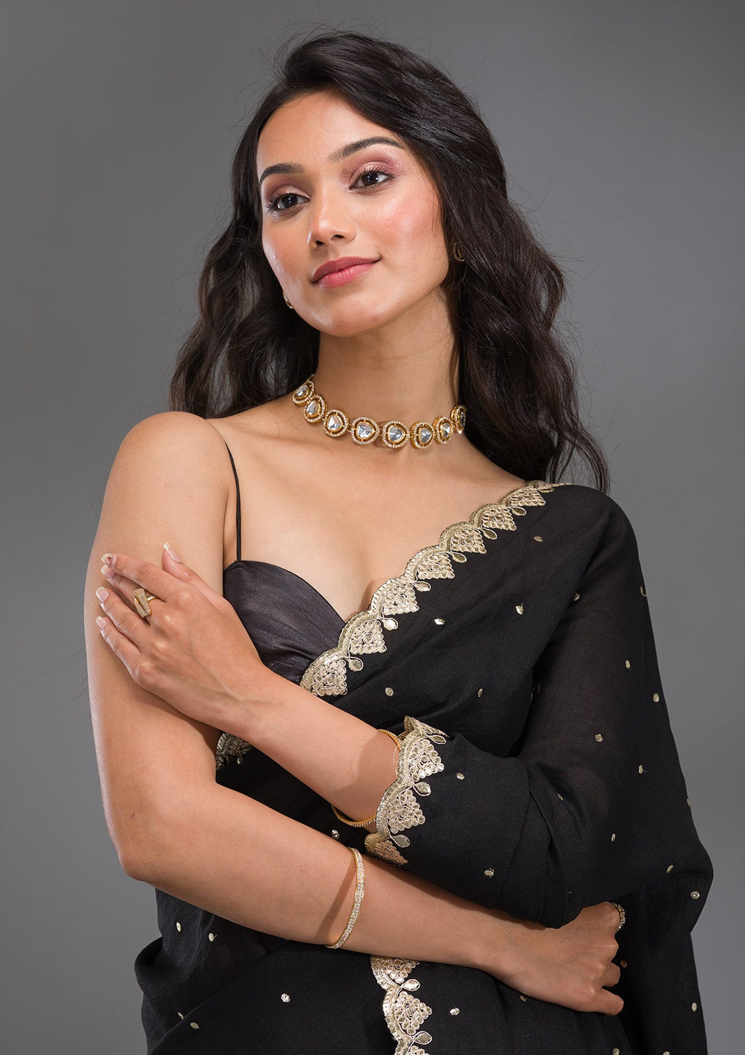 Black Gotapatti Raw Silk Saree-Koskii