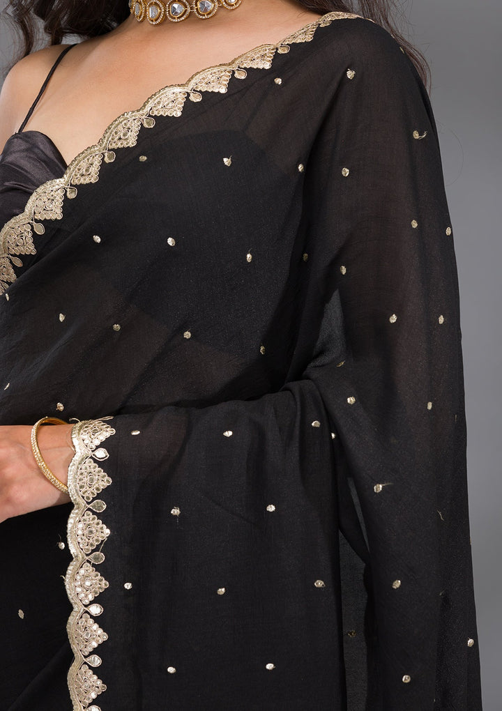 Black Gotapatti Raw Silk Saree-Koskii