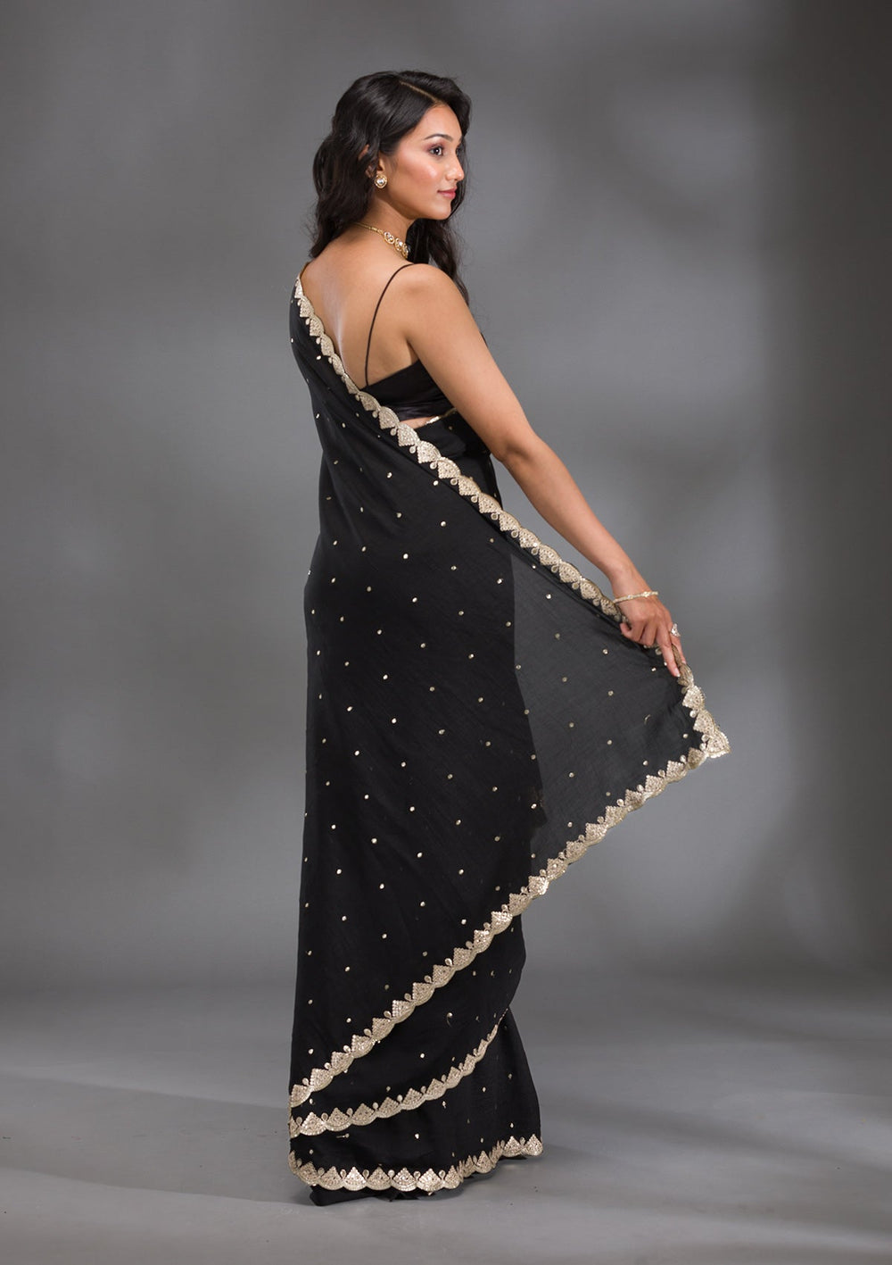 Black Gotapatti Raw Silk Saree-Koskii