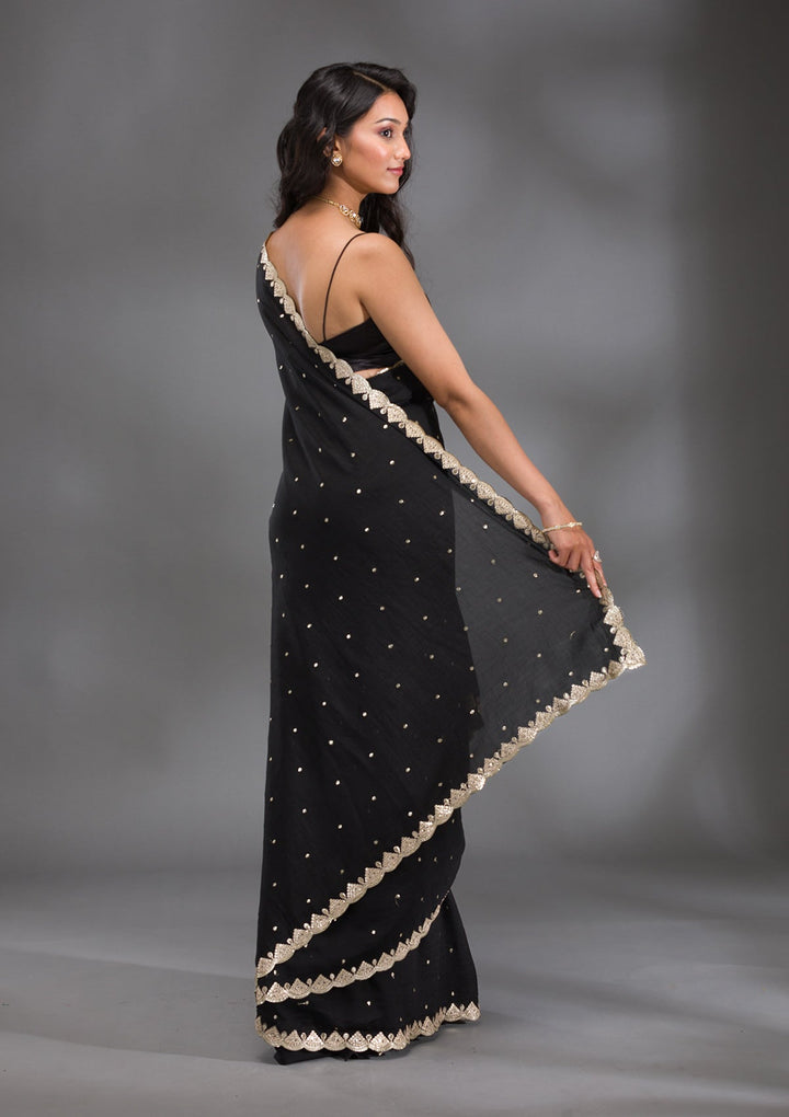 Black Gotapatti Raw Silk Saree-Koskii