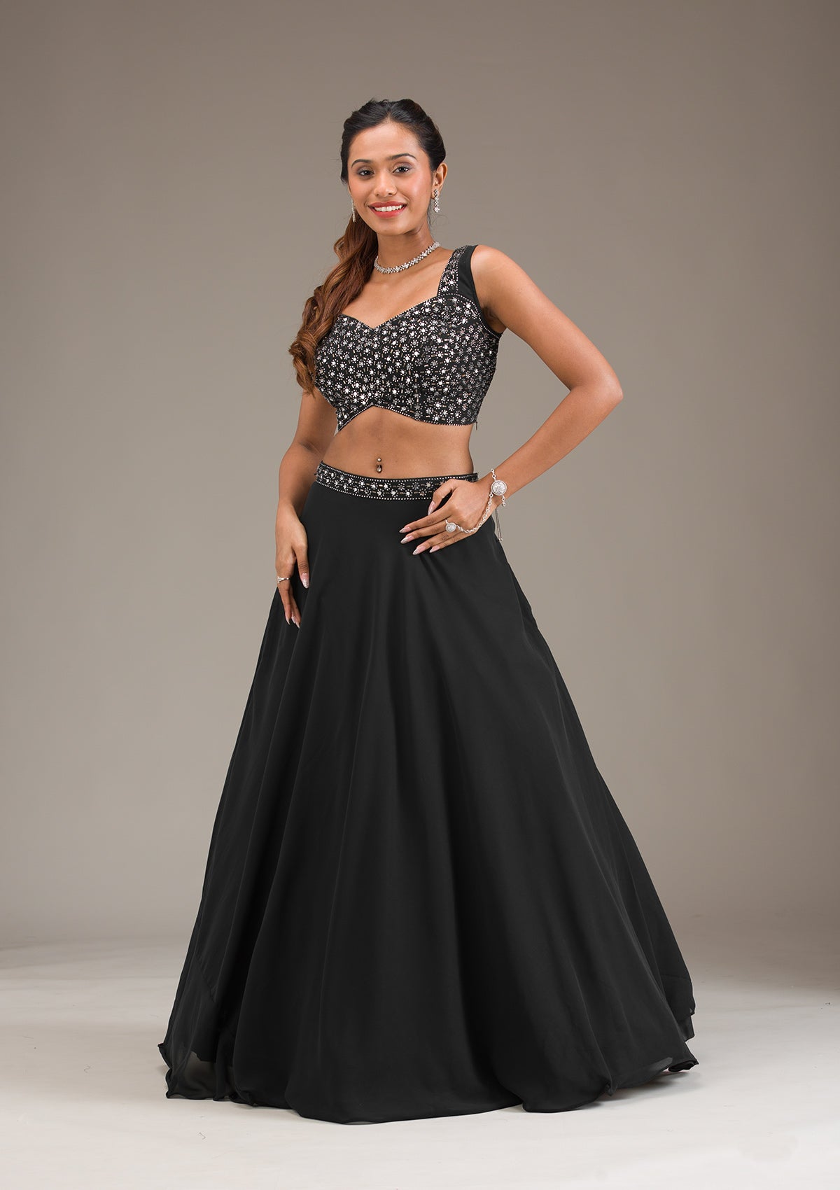 Black Mirrorwork Georgette Readymade Lehenga