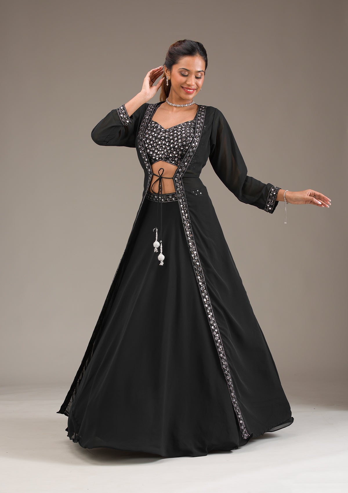 Black Mirrorwork Georgette Readymade Lehenga