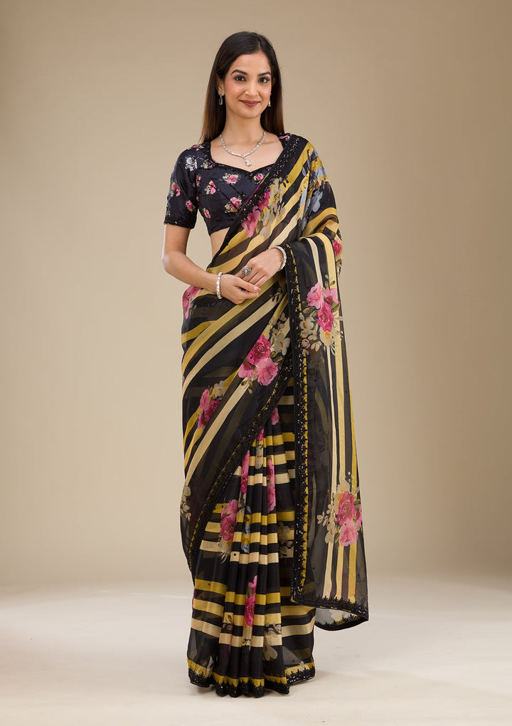 Black Printed Georgette Saree-Koskii