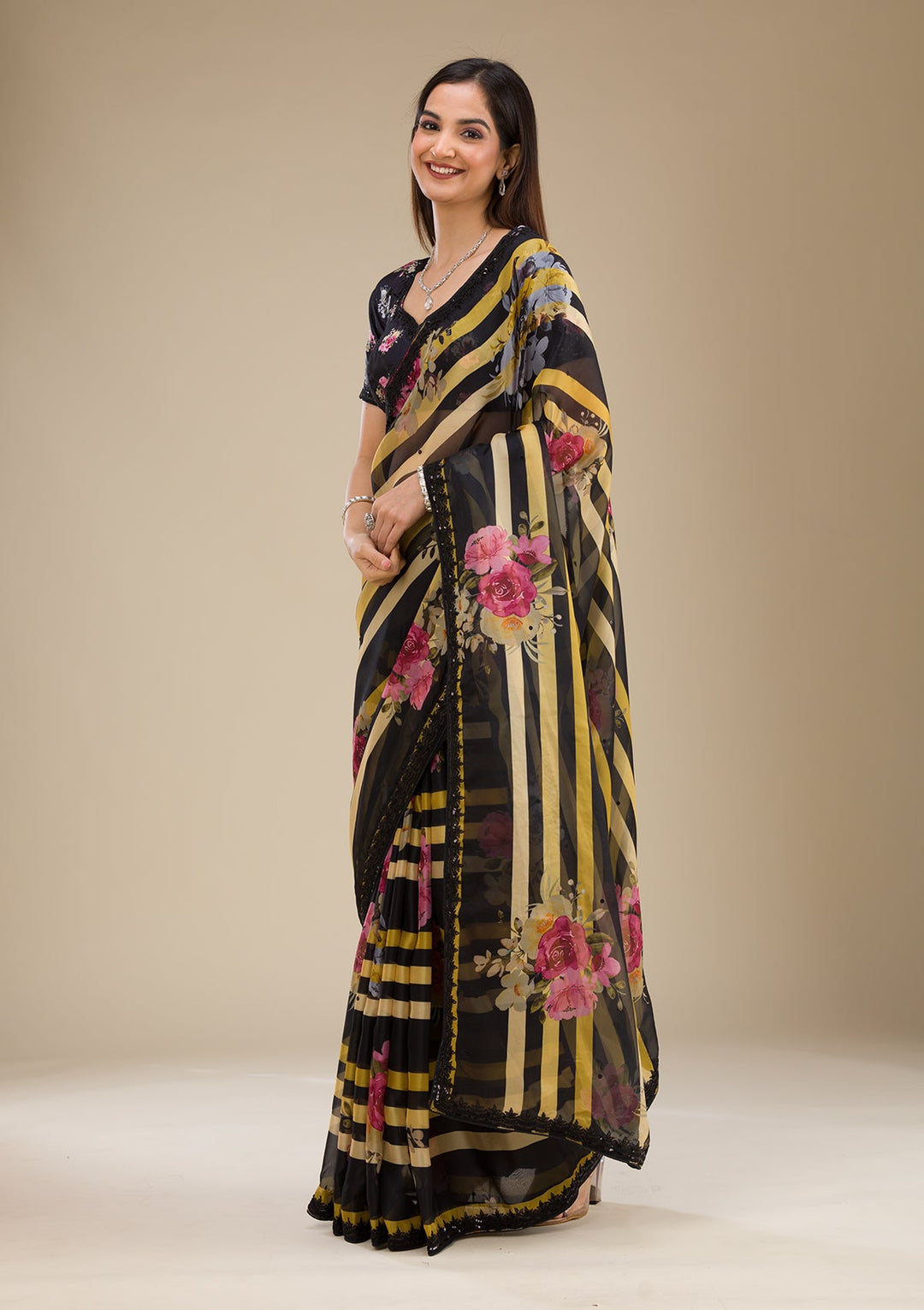 Black Printed Georgette Saree-Koskii
