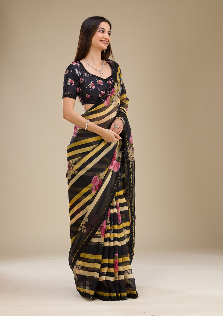 Black Printed Georgette Saree-Koskii