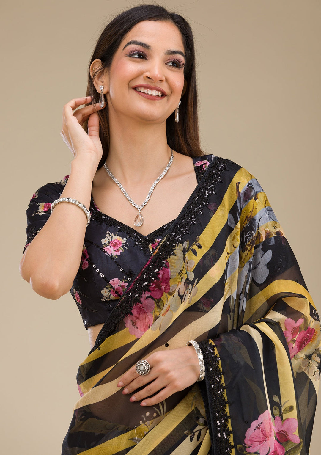 Black Printed Georgette Saree-Koskii