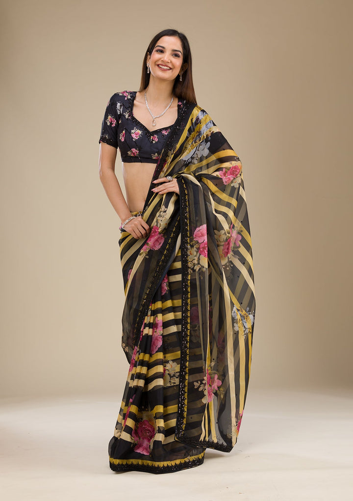 Black Printed Georgette Saree-Koskii