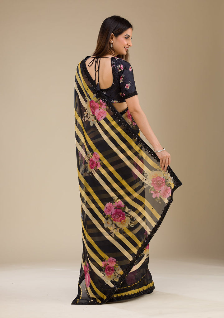 Black Printed Georgette Saree-Koskii