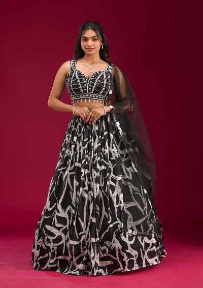 Black Printed Semi Crepe Readymade Lehenga-Koskii