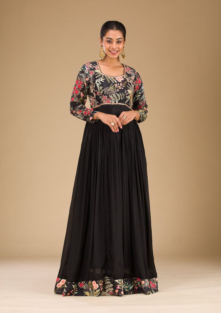 Black Printed Semi Crepe Readymade Salwar Suit