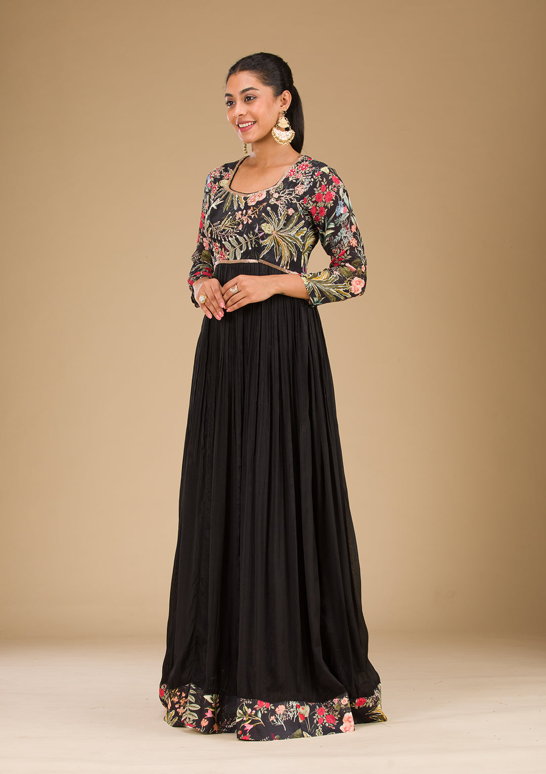 Black Printed Semi Crepe Readymade Salwar Suit