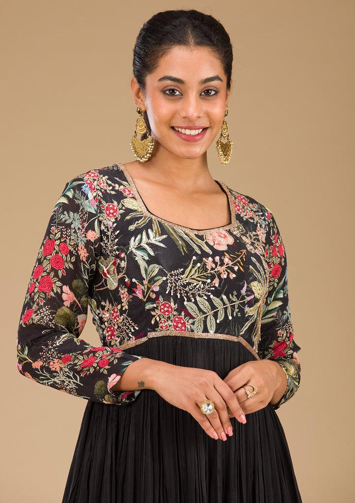 Black Printed Semi Crepe Readymade Salwar Suit