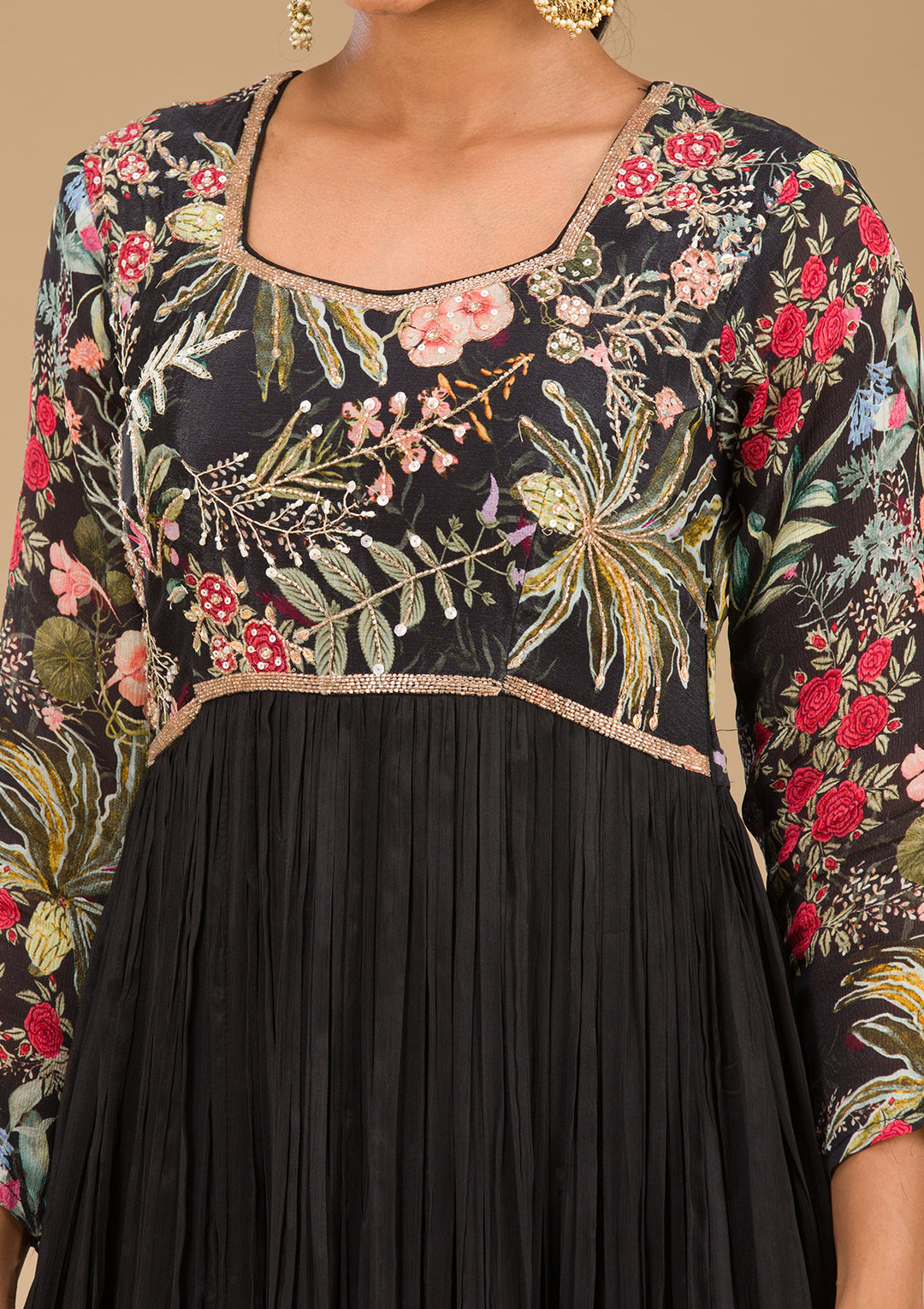 Black Printed Semi Crepe Readymade Salwar Suit