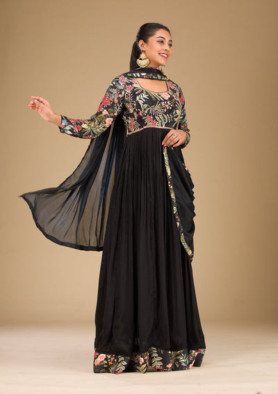 Black Printed Semi Crepe Readymade Salwar Suit-Koskii