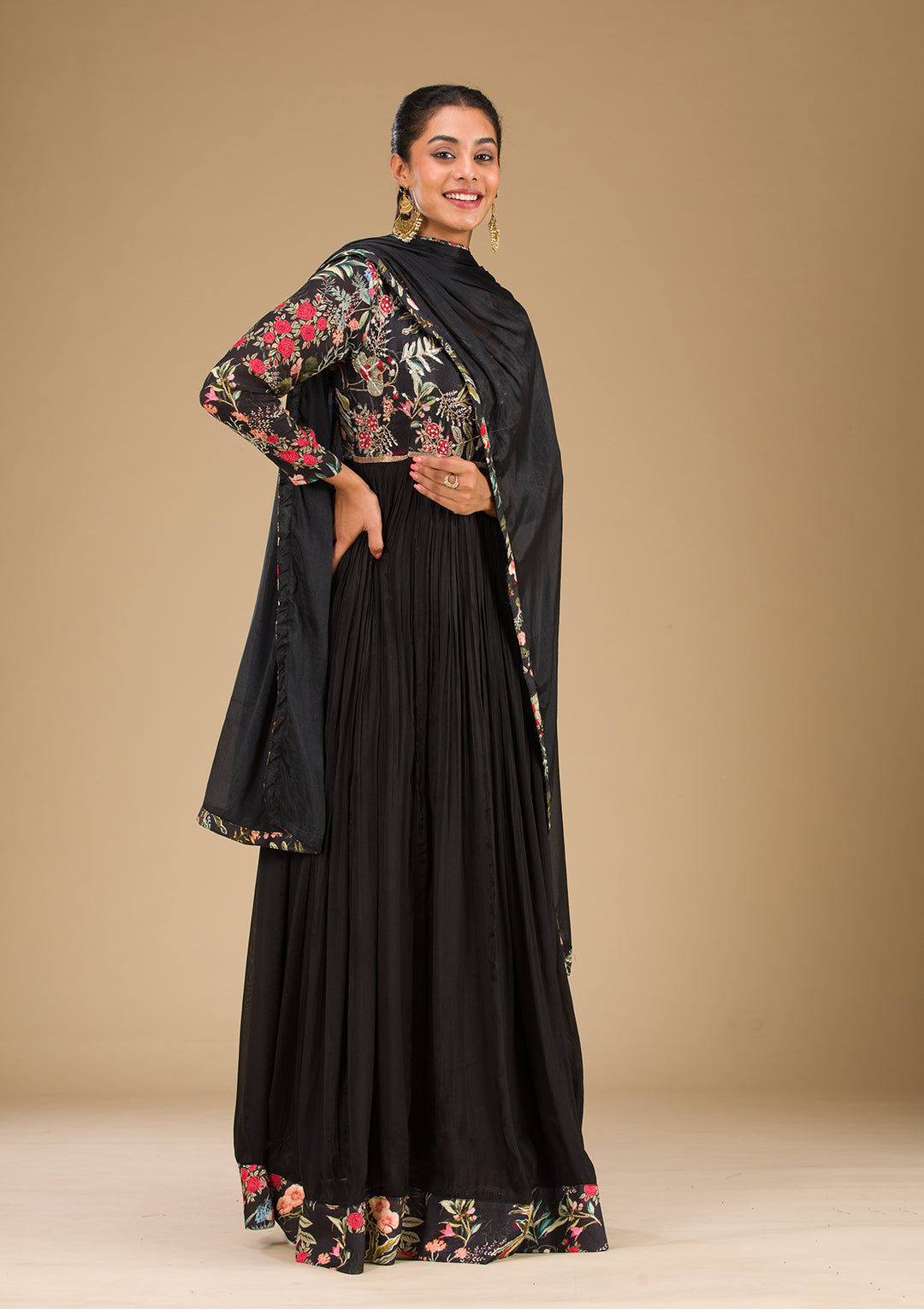 Black Printed Semi Crepe Readymade Salwar Suit