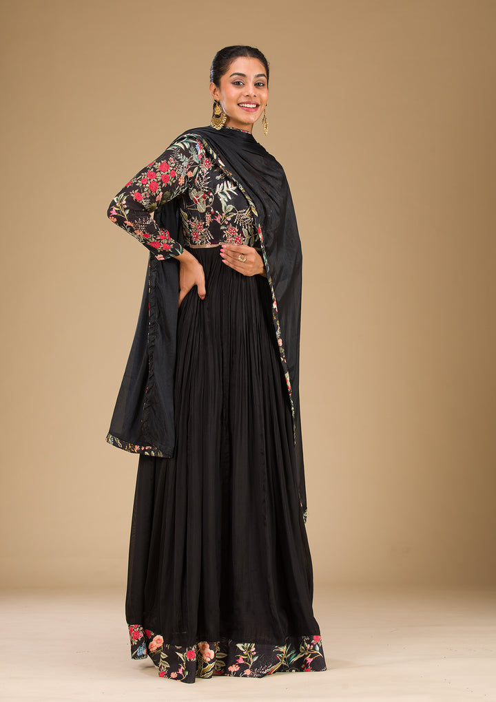 Black Printed Semi Crepe Readymade Salwar Suit