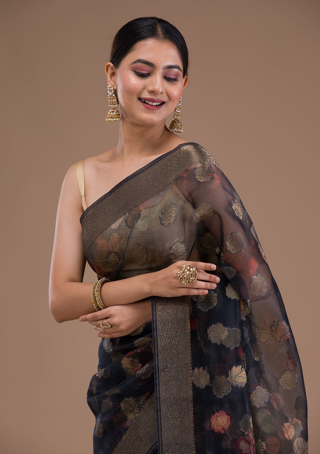 Red Stonework Satin Designer Saree-Koskii
