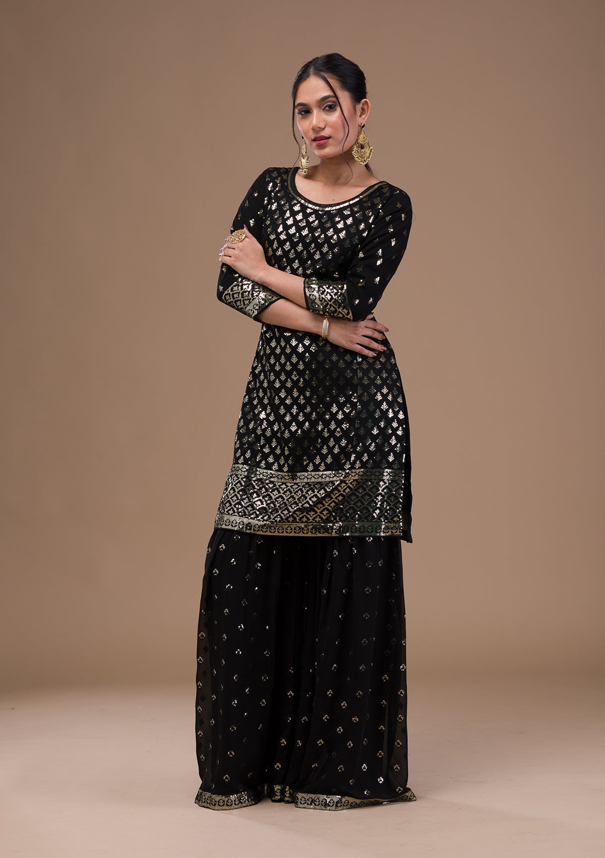Black Sequins Georgette Readymade Salwar Suit-Koskii
