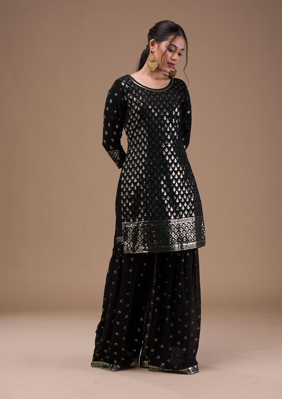 Black Sequins Georgette Readymade Salwar Suit-Koskii