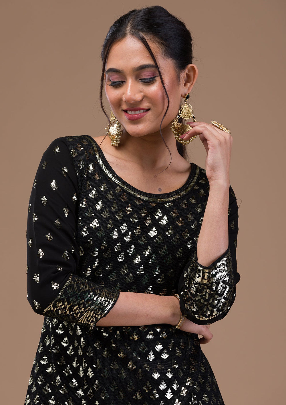 Black Sequins Georgette Readymade Salwar Suit-Koskii