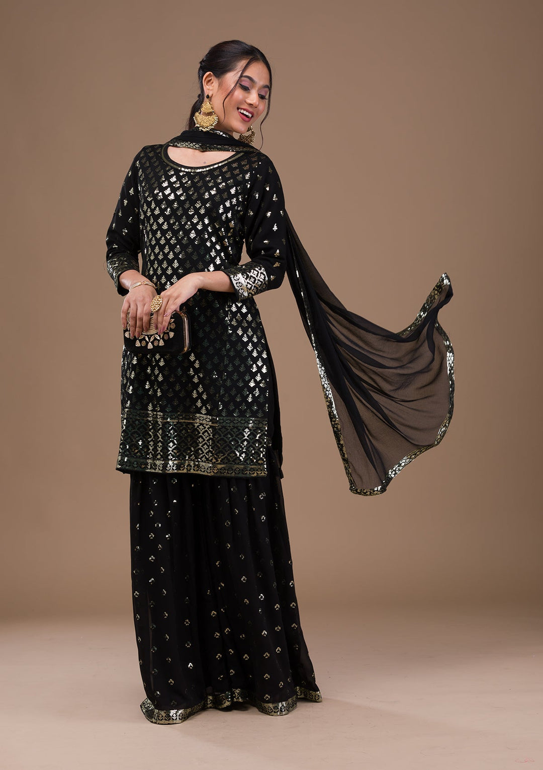 Black Sequins Georgette Readymade Salwar Suit-Koskii
