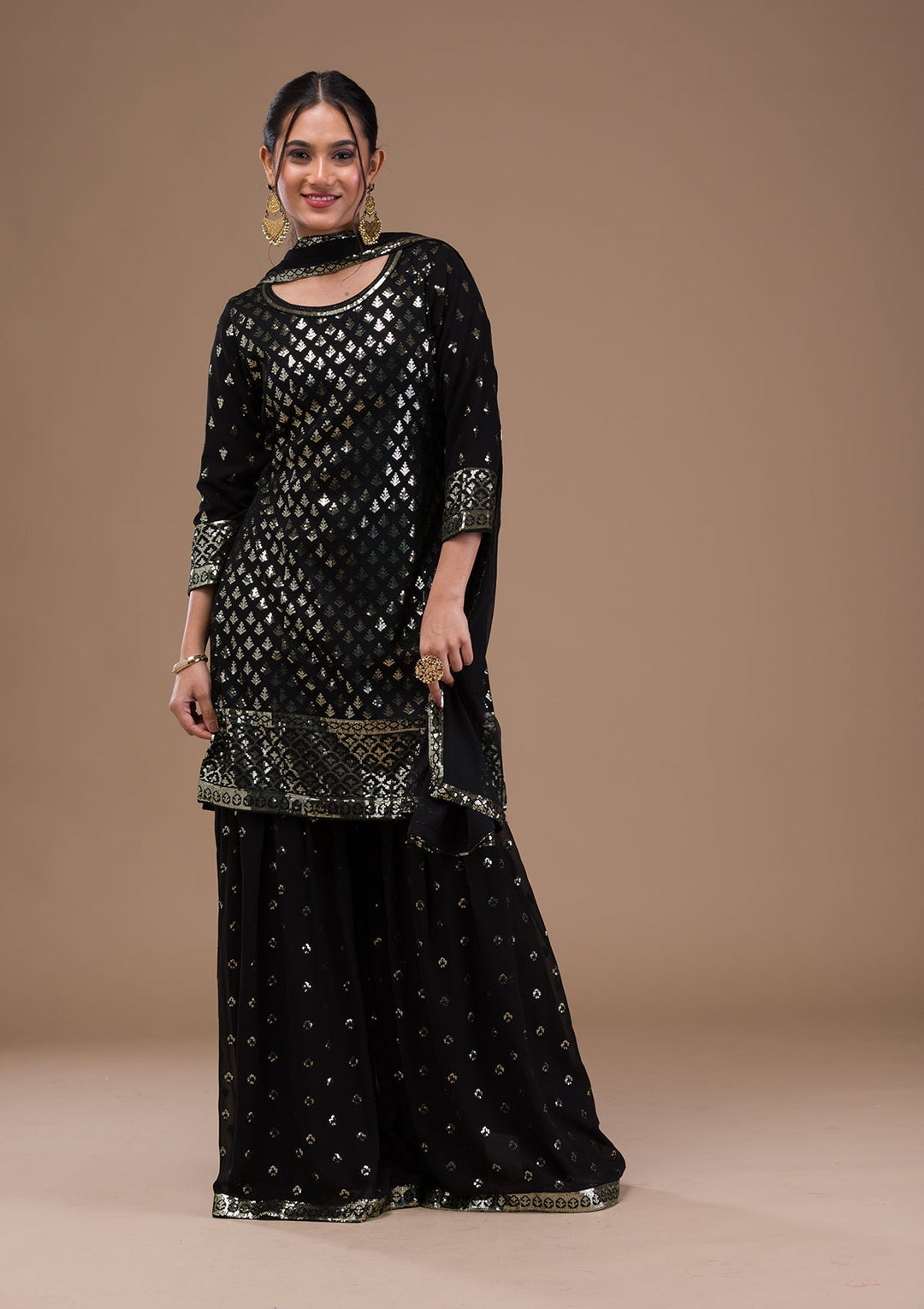 Black Sequins Georgette Readymade Salwar Suit-Koskii