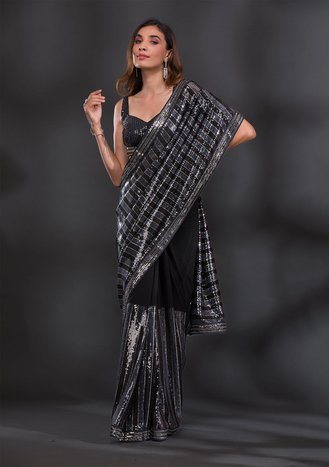 Black Sequins Georgette Saree-Koskii