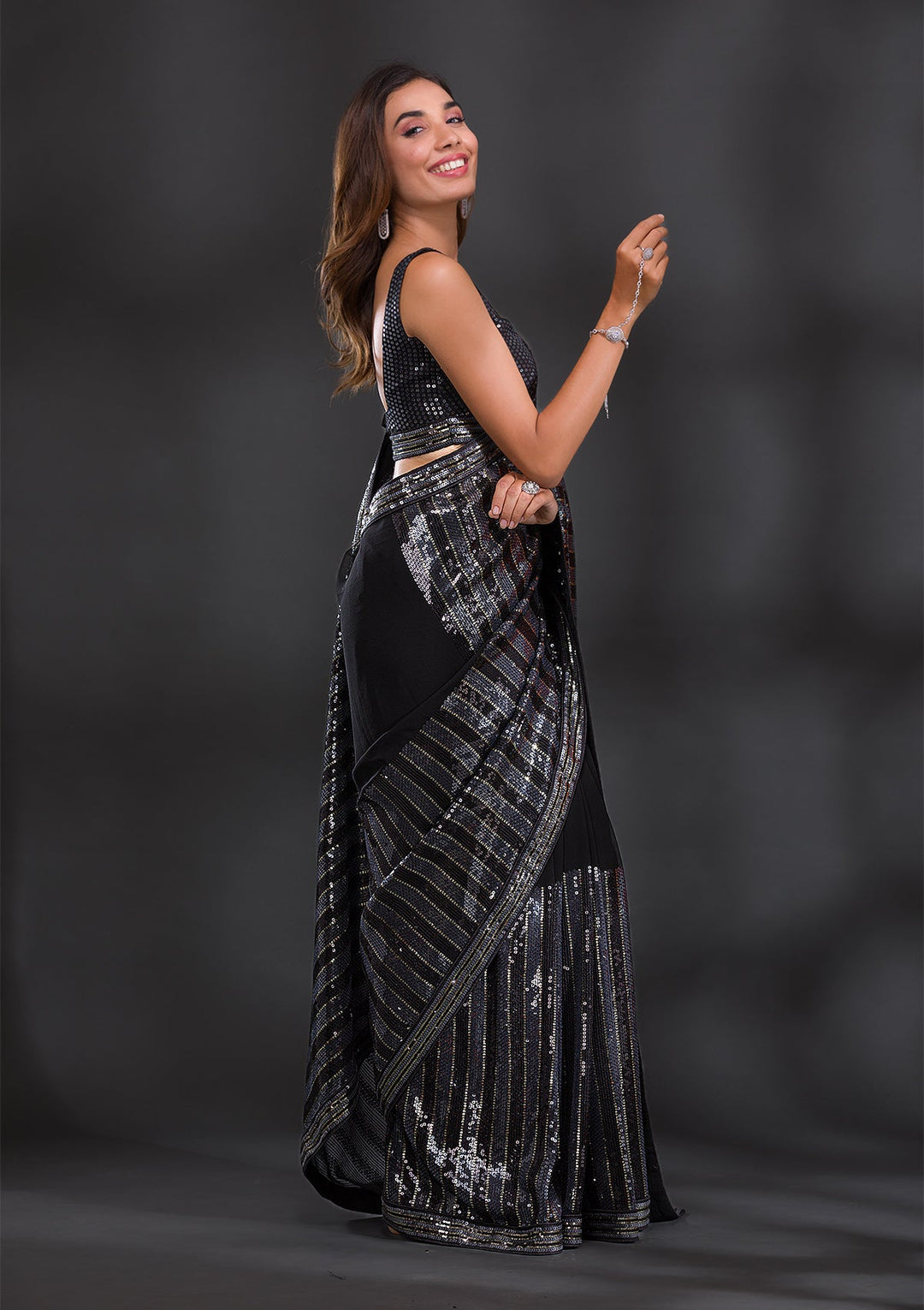 Black Sequins Georgette Saree-Koskii