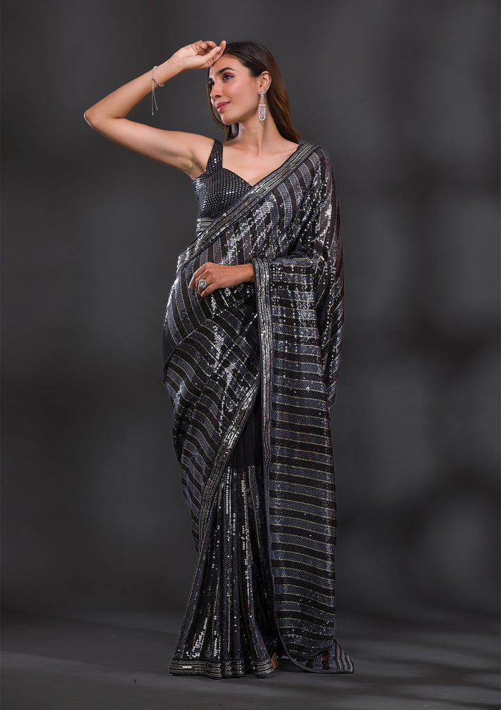 Black Sequins Georgette Saree-Koskii