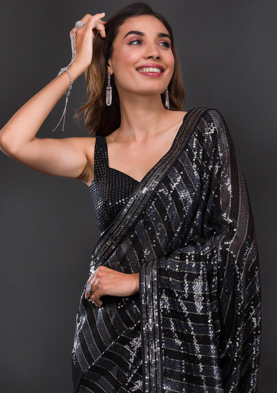Black Sequins Georgette Saree-Koskii