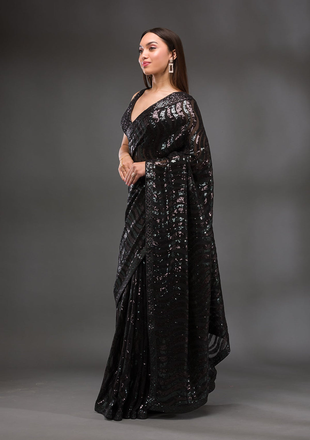 Black Sequins Georgette Saree-Koskii