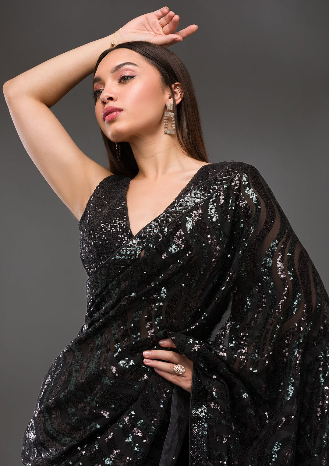 Black Sequins Georgette Saree-Koskii
