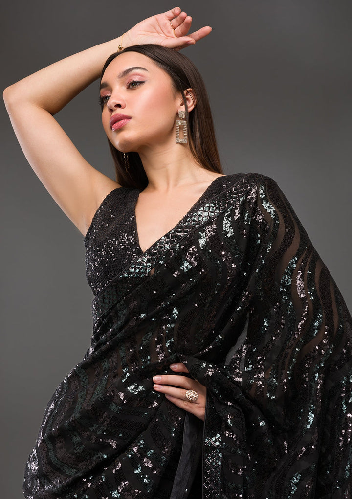 Black Sequins Georgette Saree-Koskii