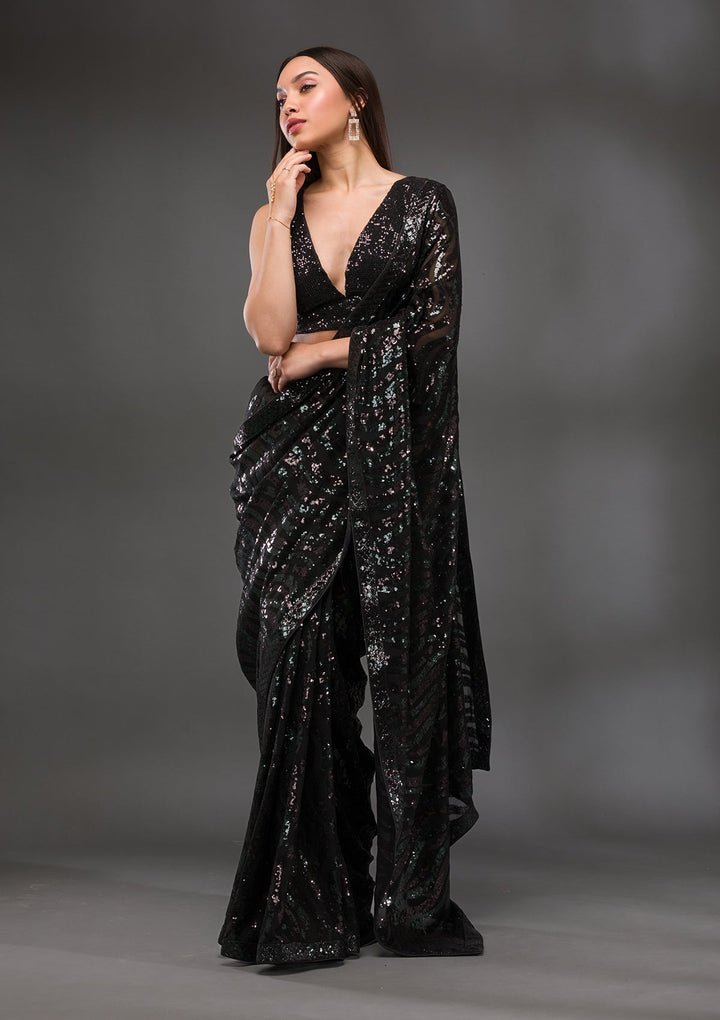 Black Sequins Georgette Saree-Koskii