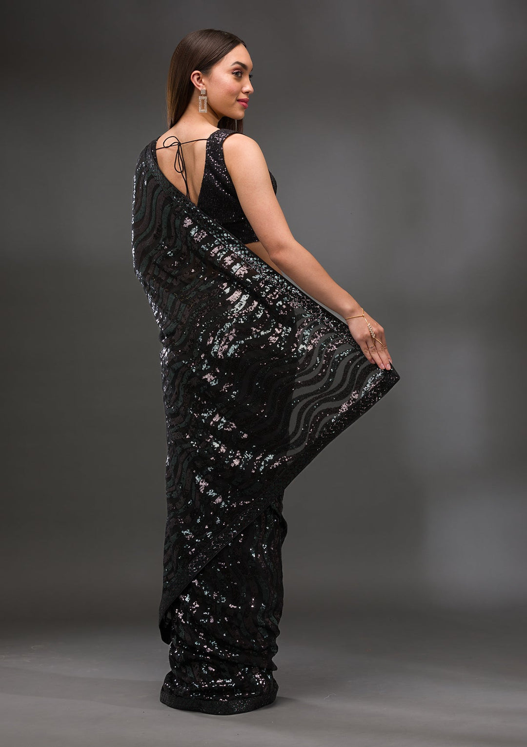 Black Sequins Georgette Saree-Koskii