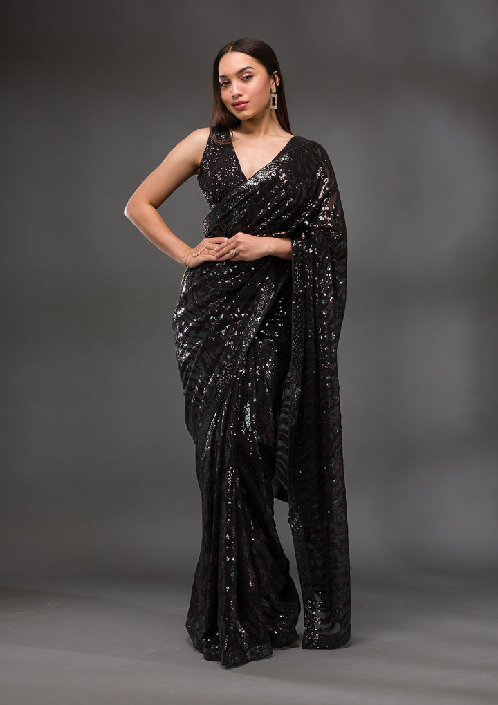 Black Sequins Georgette Saree-Koskii