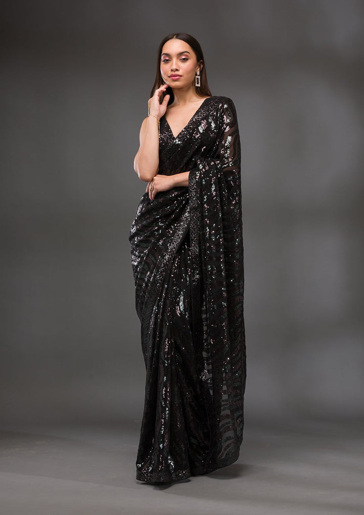 Black Sequins Georgette Saree-Koskii